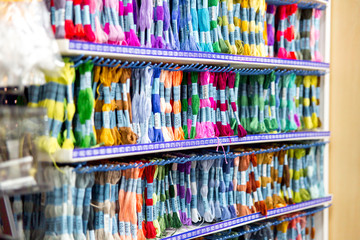 Rolls of fabric and textiles in a shop or store