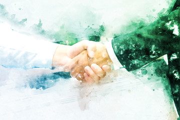 Fototapeta premium Abstract Join hands business concept and handshake concept on watercolor painting background.