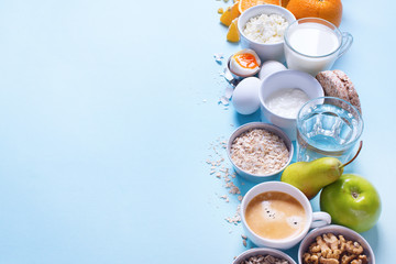 Obraz na płótnie Canvas Useful Colorful Breakfast Coffee Milk Tea Fruits