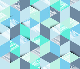 Seamless pattern, watercolor texture in hexagon shapes with shadow, pastel blue and green tones