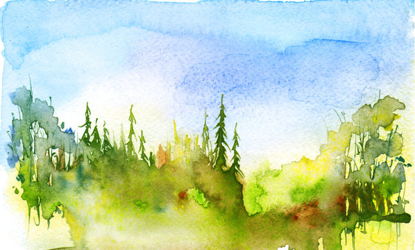 Watercolor painting, picture, 
landscape -autumn forest, nature, tree. Green, autumn, summer trees, fir,pine, yellow sun, blue sky. It can be used as logo, card, illustration.Abstract splash of paint