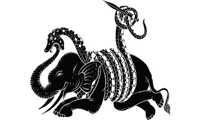  Thai tradition painting of snake and elephant fighting, vector