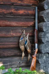 Schilderijen op glas hunting trophy - two ducks and shotgun © rodimovpavel