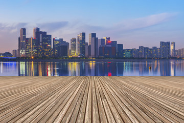 Square floor tiles and Hangzhou skyline