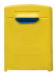 Yellow blue public mailbox isolated on the white background 