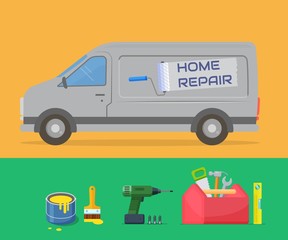Home repair. Design template for the repair service. Van and tools. Vector illustration.