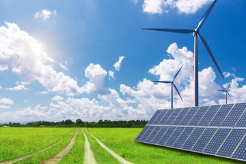 Solar and wind power equipment on vast grasslands