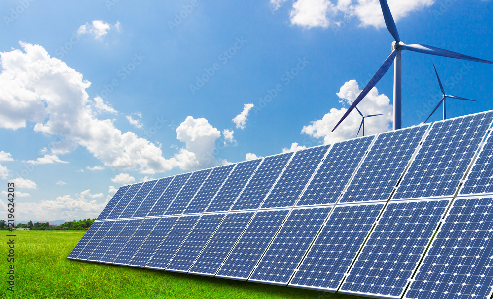 Wall mural Solar and wind power equipment on vast grasslands