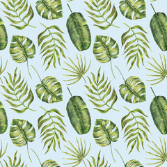 Seamless pattern with green tropical monstera, areca and banana palm leaves, hand-drawn raster illustration on blue background. Seamless pattern of monstera, banana and areca palm leaves on blue