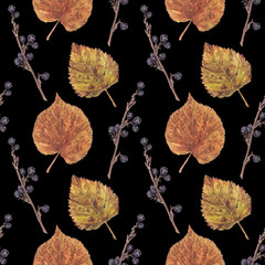 Seamless pattern with realistic dry birch, aspen leaves and blue autumn berries, watercolour illustration on black background. Seamless watercolor pattern with dry leaves and autumn berries on black