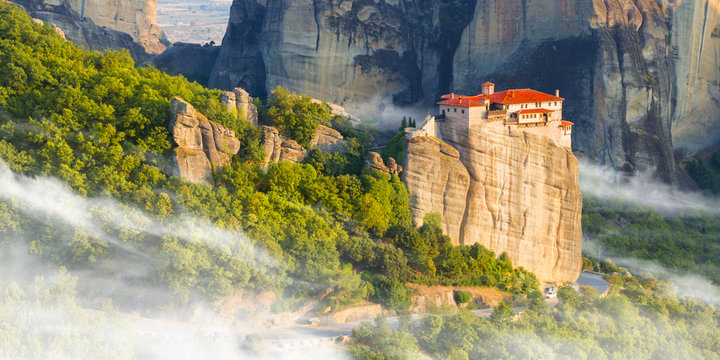 Mountain scenery with Meteora rocks and Monastery, landscape place of monasteries on the rock.