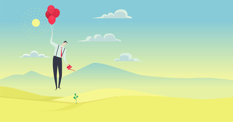 Businessman holding balloon on the sky watered the tree. Vector flat Illustration.