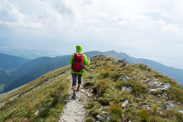 young tourist with a wooden stick walking on a mountain trail