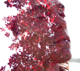Double exposure, profile of a young sexy man blended with red autumn leaves shows the perfect...