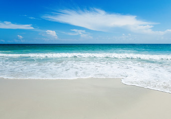 Fototapeta na wymiar Beautiful bright tropical landscape, perfect beach, blue sky, white sand, turquoise water