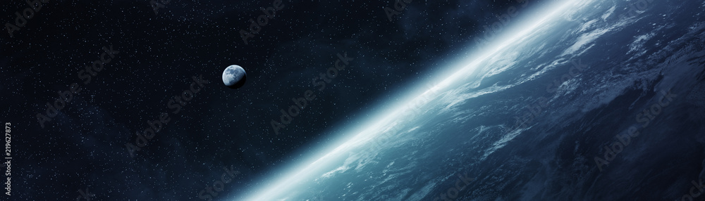 Fototapete panoramic view of planet earth with the moon 3d rendering elements of this image furnished by nasa