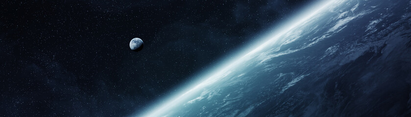 Panoramisch zicht op de planeet Aarde met de maan 3D-renderingelementen van deze afbeelding geleverd door NASA