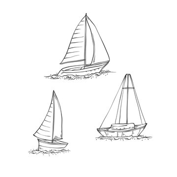 Vector set sailing yachts on sea waves. Water transport for travel, recreation and sports. Collection of black line sketch illustrations isolated on white background