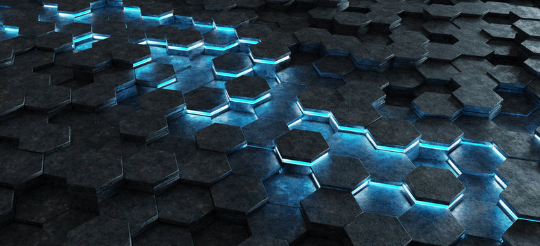 Black and blue hexagons background pattern 3D rendering