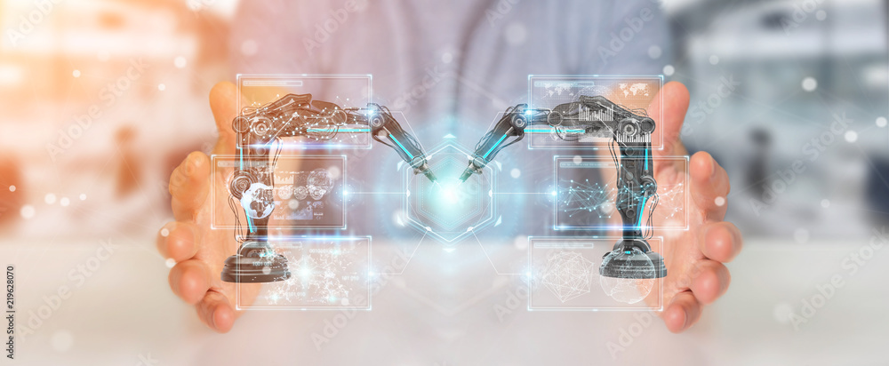 Poster businessman using robotics arms with digital screen 3d rendering