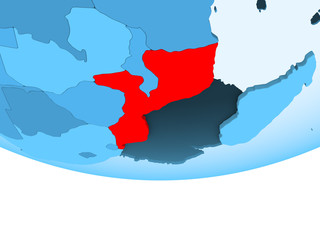 Fototapeta premium Mozambique in red on blue map