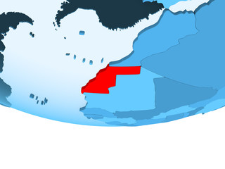 Western Sahara in red on blue map