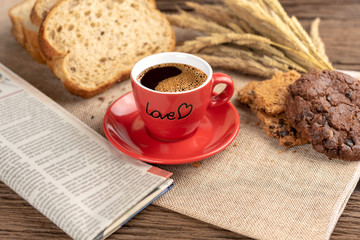 Hot coffee cup and breakfast