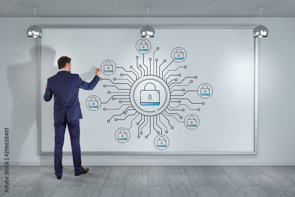 Poster businessman drawing thin line web security interface on the wall