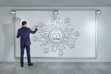 Businessman drawing thin line web security interface on the wall