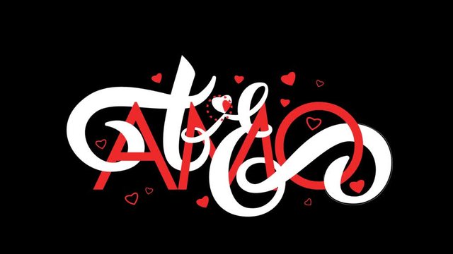 Te Amo. "I love you" text in Spanish. Hand draw Valentines Day lettering. Te amo calligraphy with animated hearts. Lettering logo animated with alpha channel.
