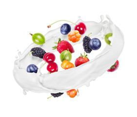 Various berries spin in bursts of milk in the form of a circle