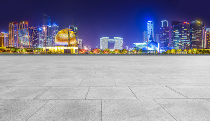 Square floor tiles and Hangzhou skyline