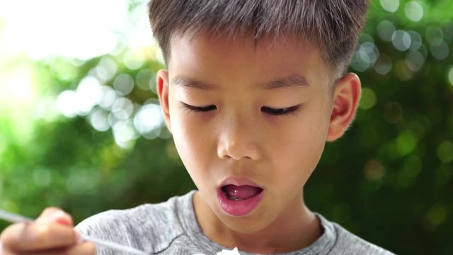 Slow motion of young Asian Thai boy eating rice in the garden