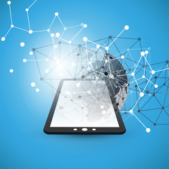 Cloud Computing Design Concept with Earth Globe and Tablet PC - Digital Network Connections, Technology Background, Vector Design with Earth Globe and Tablet