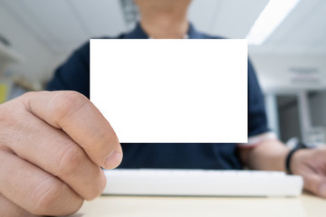 businessman showing white blank card isolate area for data or picture of business, office, advertisement concept