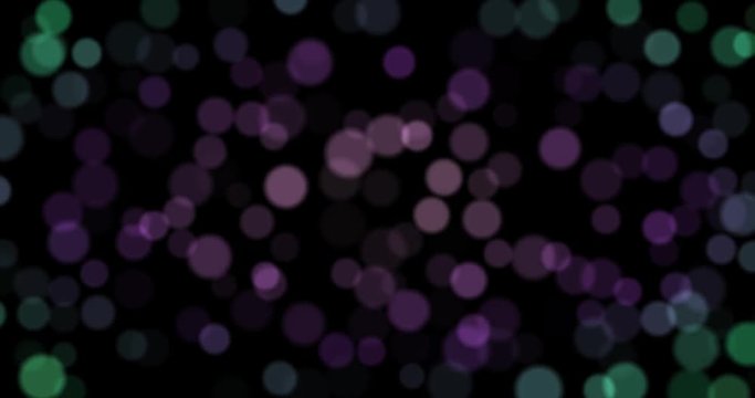 cyclic animation of defocused flow points of light on a black background, violet purple green bokeh background, abstract CGI images of high definition, ideal for editing, broadcasting.