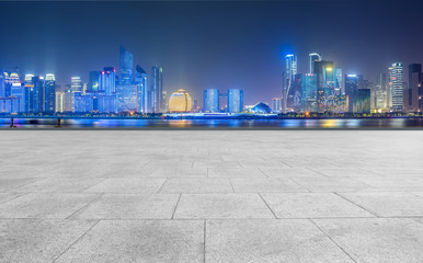 Square floor tiles and Hangzhou skyline