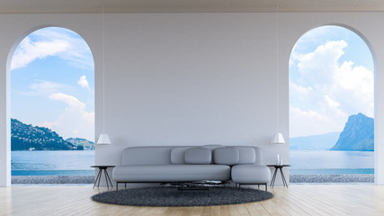 Fototapeta na wymiar Modern loft living room sea view 3d rendering