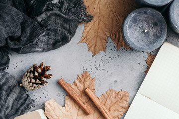  Autumn composition with leaves, cinnamon stick, notebook and scarf