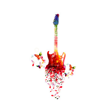  Music colorful background with music notes and guitar vector illustration design. Artistic music festival poster, live concert, creative electric guitar design