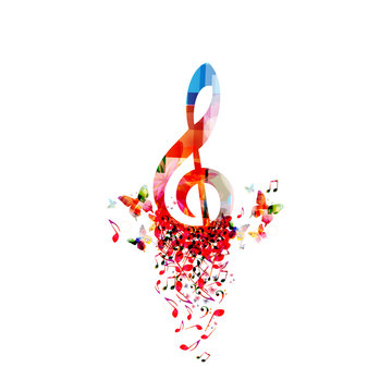  Music colorful background with music notes and G-clef vector illustration design. Artistic music festival poster, live concert, creative treble clef design