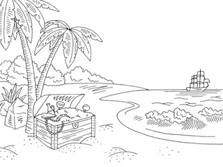 Sea coast buried treasure graphic black white landscape sketch illustration vector