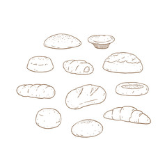 Set of bread and bakery product hand drawn vector illustration.