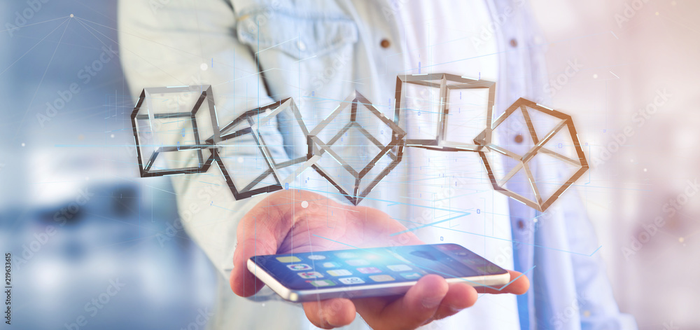 Poster man holding a 3d rendering blockchain cube isolated on a background