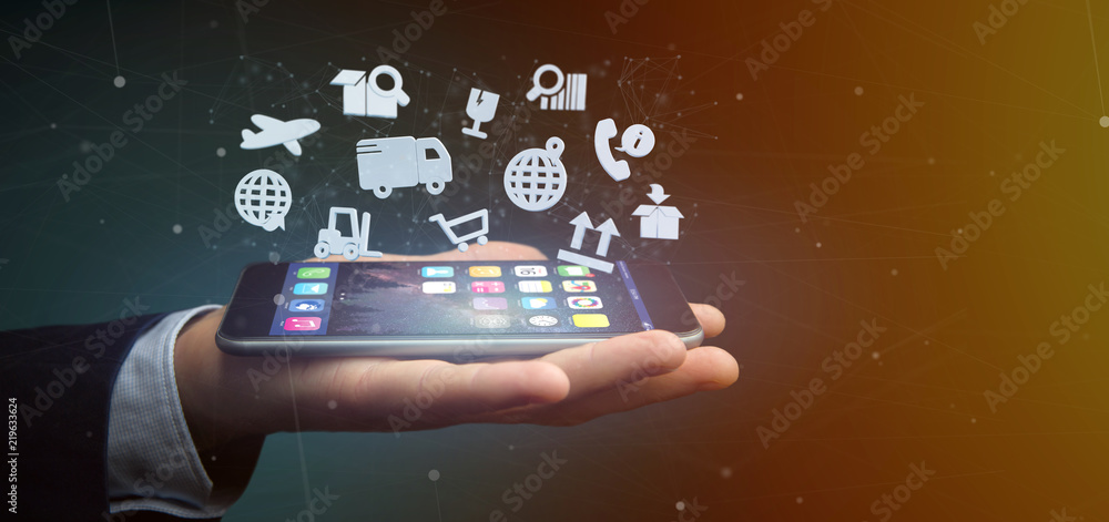 Poster businessman holding a logistic organisation with icon and connection 3d rendering
