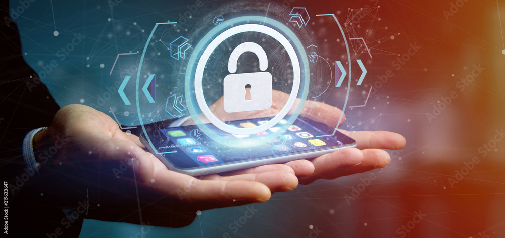 Poster man holding a padlock web security concept 3d rendering