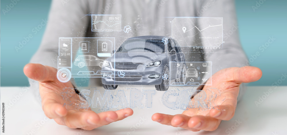 Poster man holding a dashboard smartcar interface dashboard 3d rendering