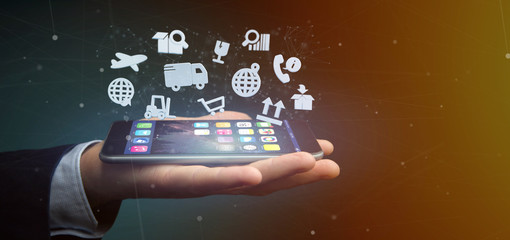 Businessman holding a Logistic organisation with icon and connection 3d rendering