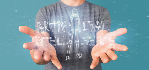 Businessman holding an artificial inteligence robot made of light 3d rendering