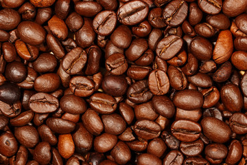 Close up of coffee beans texture background, selective focus